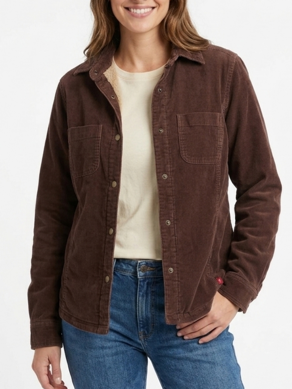 Woolrich Brown Corduroy Fleece Lined Shacket Jacket with quilted sleeves